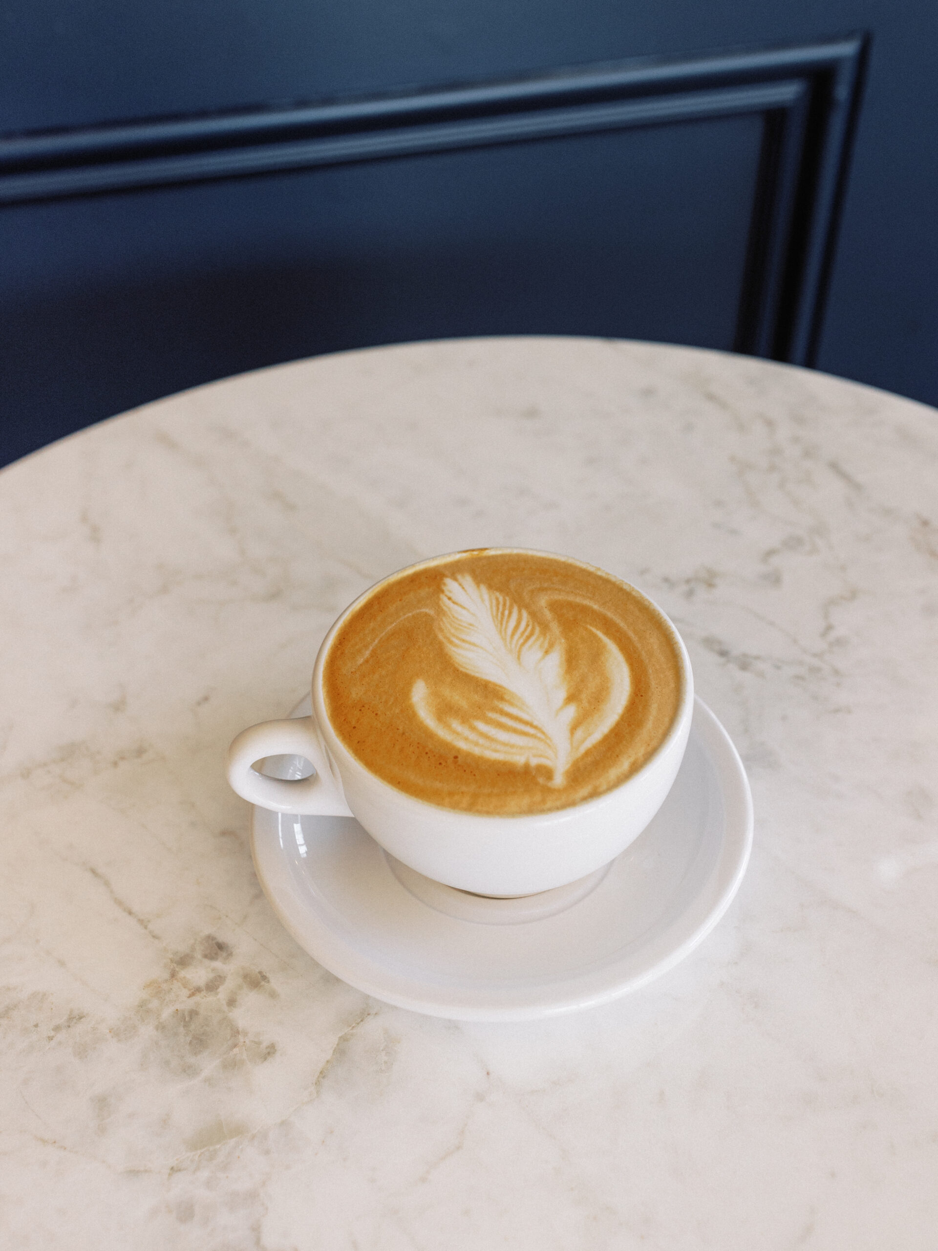 Artisan latte with feather foam art on marble table at Avenue Brew Phoenix